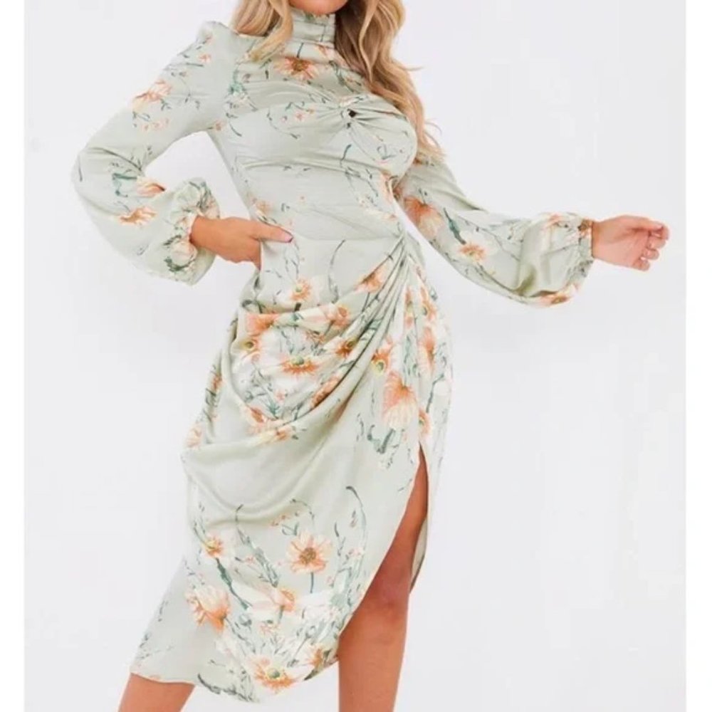 Brand new PrettyLittleThing Floral Midi Dress in Light Green and Orange